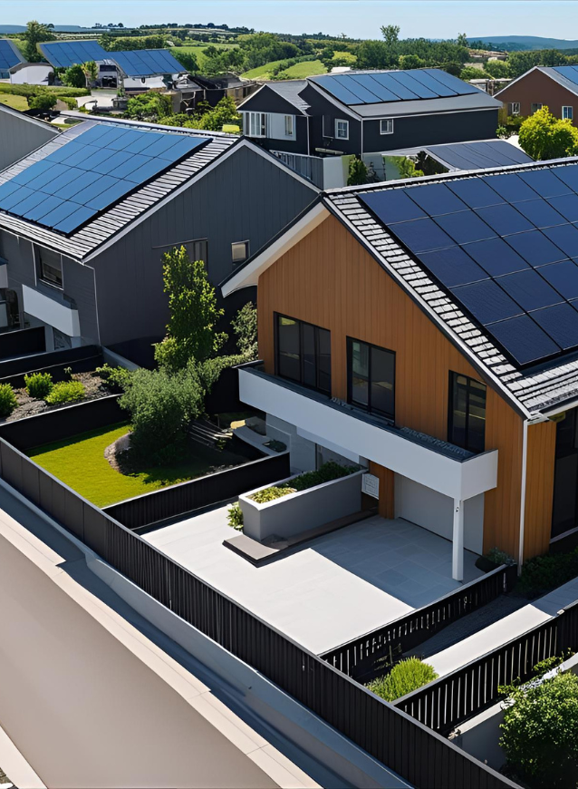 Aerial view of modern Canadian homes with rooftop grid-tie solar panels in a green residential neighborhood